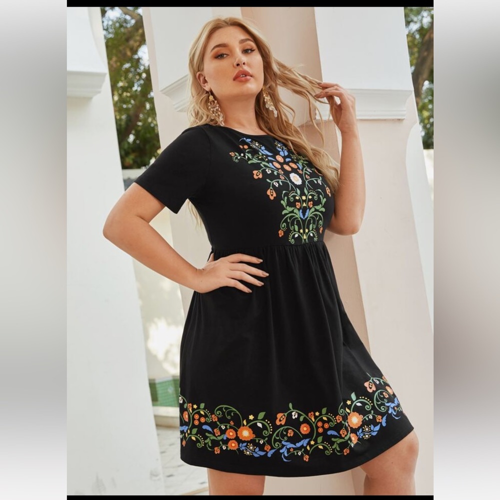 Shein Black Floral Embroidered Dress